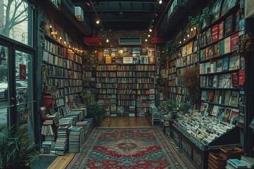A quiet, quaint bookstore with cozy reading nooks and shelves filled with rare first editions