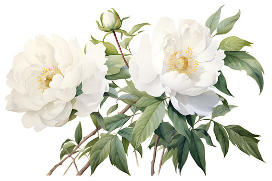watercolor painting realistic White peony, branches and leaves on white background. Clipping path included.