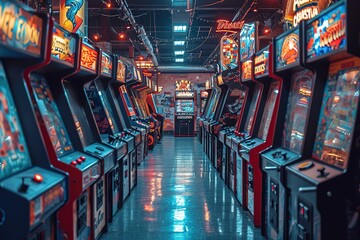 A retro video game arcade, filled with flashing lights and the sounds of vintage games