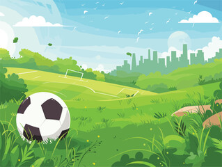Soccer ball rests on green grass field under cloudy sky - obrazy, fototapety, plakaty