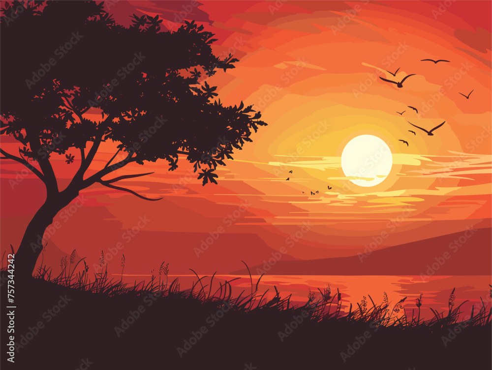 Canvas Prints A tree silhouetted against an orange afterglow as birds soar in the sky