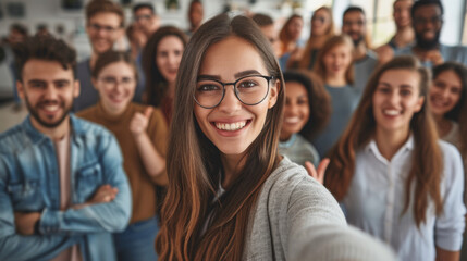 Obraz premium young woman in glasses with a group of diverse people in the background