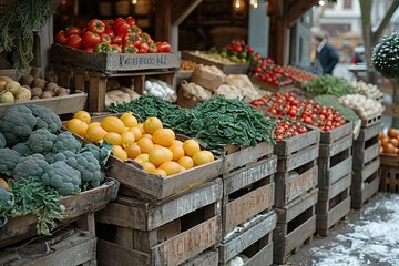 A rustic farmers' market in the countryside, with wooden stalls and crates of fresh produce - obrazy, fototapety, plakaty
