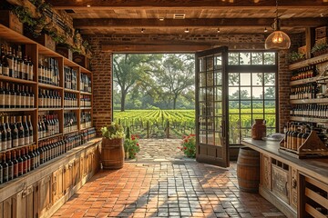 A scenic vineyard gift shop, with bottles of wine, tastings, and sweeping views of the countryside