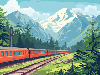 Train traversing mountain tracks through natural landscape