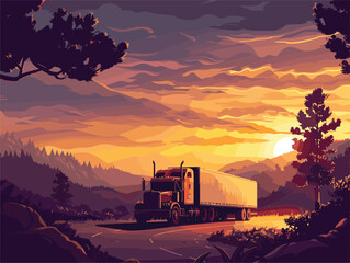 Semi truck drives through scenic sunset landscape with glowing sky