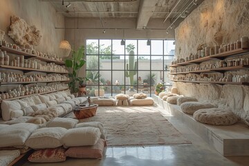 A serene meditation and wellness store, with crystals, essential oils, and yoga mats