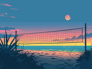 Volleyball net on beach at sunset with colorful sky