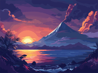 A pixel art painting of a volcanic eruption in the ocean at sunset