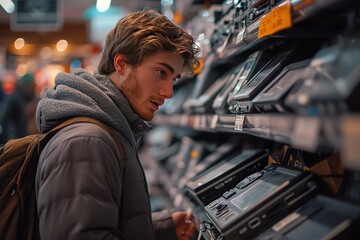 A shopper comparing prices on different brands of electronics in a tech store