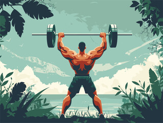 A man happily lifts a barbell under the sky in the jungle