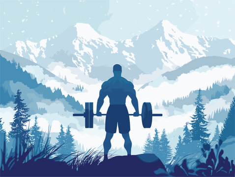 Man holding barbell in front of majestic mountain landscape