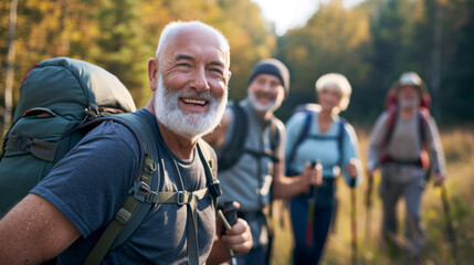 cheerful older man with a beard leads a group of fellow hikers on a sunny trail, all wearing backpacks and outdoor gear.