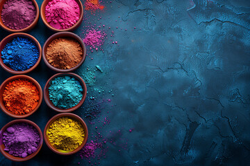 Various bowls filled with vibrant colored powders, resembling the joyful celebration of the Holi Festival of Colors, copy space
