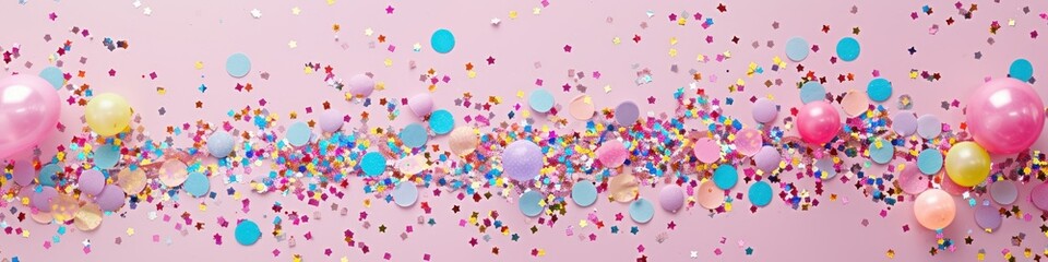 Colorful confetti on pink background. Flat lay, top view