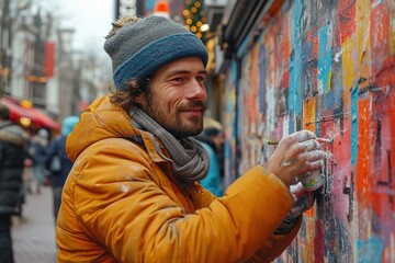 A street artist creating a colorful mural in a shopping district
