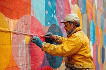 A street artist creating a colorful mural on the side of a building