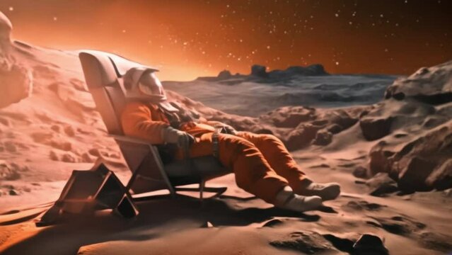 space astronaut, astronaut resting on chair, astronaut on the moon, space background, astronaut wearing spacesuit, footage, 4k footage, videos, video clip, short video
