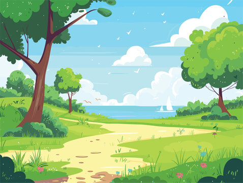 A cartoon illustration of a green path leading to the ocean under a sunny sky