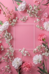 Flowers composition. Frame made of carnation flowers on pink background. Flat lay, top view, copy space. Mother's Day, Woman's Day, Easter, Valentine's Day, Wedding, and Birthday celebration concept.
