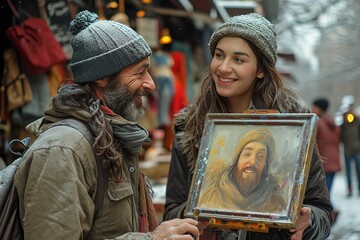 A street artist painting a portrait of a passerby in a shopping district