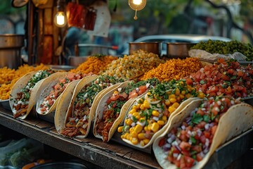 A street food cart selling tacos with a variety of toppings
