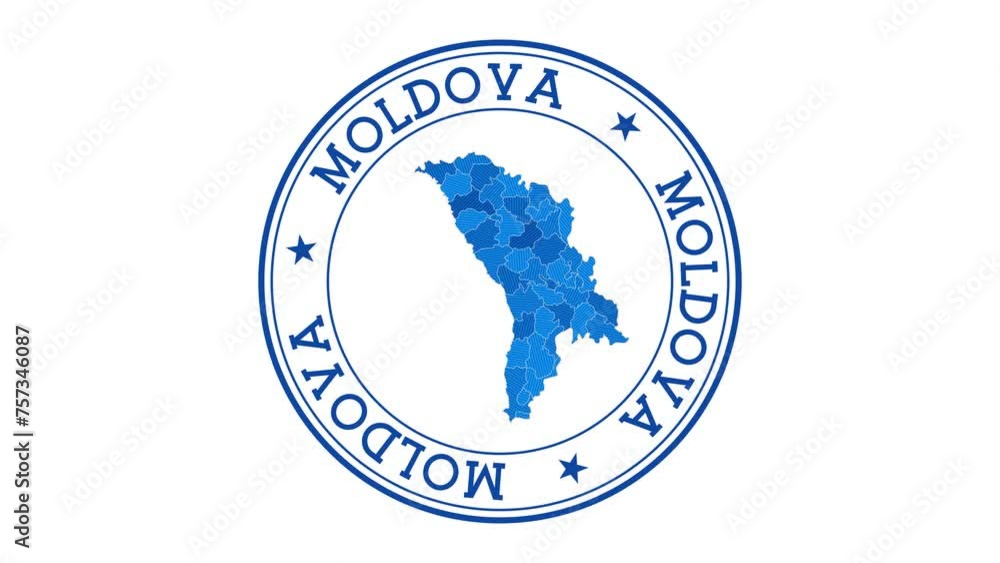Poster moldova intro. badge with the circular name and map of the country. moldova round logo animation.