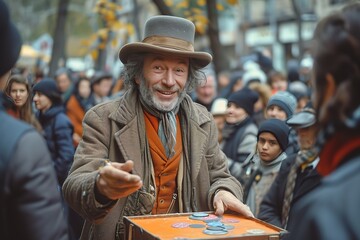 A street magician entertaining a crowd of shoppers with tricks