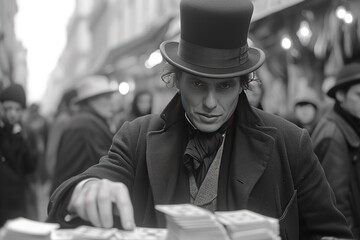 A street magician performing card tricks with astonishing sleight of hand - obrazy, fototapety, plakaty