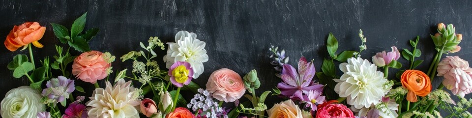Beautiful bouquet of spring flowers on a blackboard background, top view. Greeting card with space for text.