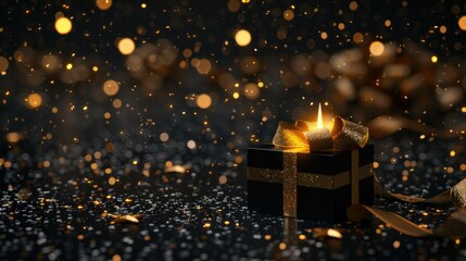 Black Box with Gold Ribbon and Candle - obrazy, fototapety, plakaty