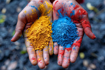 Two hands covered in colorful powder, possibly as part of a celebration or festival, Holi Festival of Colors