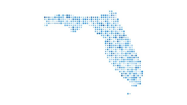 Florida dotted digital map. Map of Florida with pulsating colored circles. Shape of the US state filled with blue disks. Trendy video.