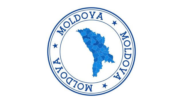 Moldova intro. Badge with the circular name and map of the country. Moldova round logo animation.