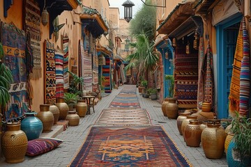 A street market in Morocco, with stalls selling handwoven rugs, brass lanterns, and leather goods