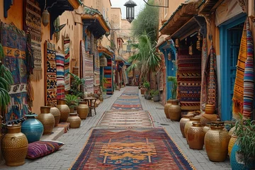 Cercles muraux Vieil immeuble A street market in Morocco, with stalls selling handwoven rugs, brass lanterns, and leather goods