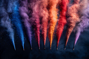 A vibrant display of colorful smoke rising vertically, resembling a stack of plumes, captured during the Holi Festival of Colors - obrazy, fototapety, plakaty