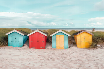 Fototapeta premium Colorful Seaside Beach Hut Banner: Serenity on Sandy Shores Snapshot