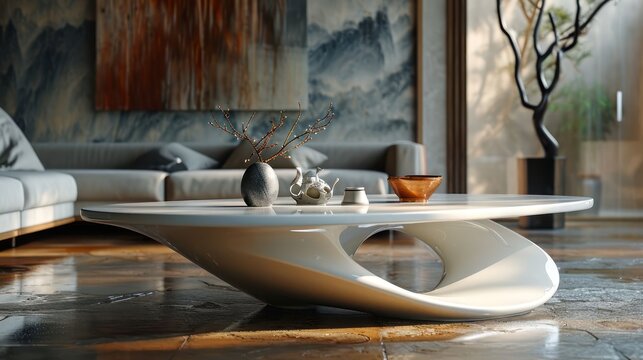 the sculptural beauty of a coffee table with a unique and asymmetrical design, becoming a focal point in a modern and artistic interior