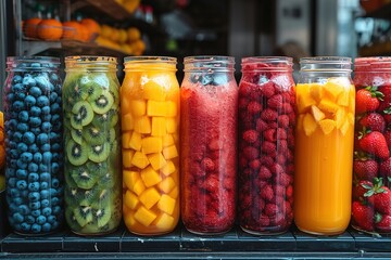 A street vendor selling fresh fruit smoothies in vibrant colors
