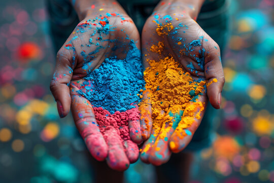 A persons hands covered in vibrant colorful powder, likely part of the Holi Festival of Colors celebration