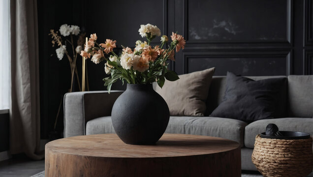 Clay vase with flowers on a round wood table near sofa against a black concrete wall in a modern Scandinavian living room.