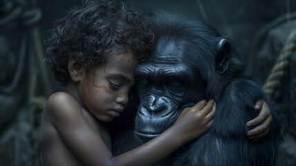 A young child with curly hair tenderly hugs a chimpanzee in a moment of close connection