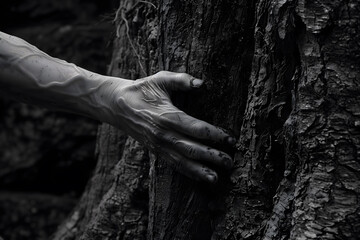 Person in White Gloves Holding Onto Tree