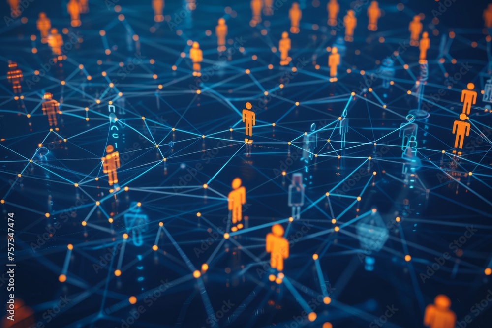 Poster a network of interconnected figures, each representing different people or groups in the digital spa