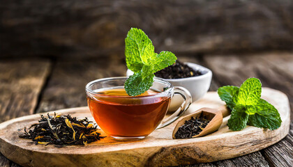 Tea composition with mint leaf on wooden palette - obrazy, fototapety, plakaty