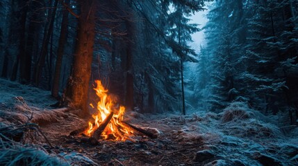 the serenity of a bonfire in a secluded spruce forest, with the soft glow of flames enhancing the peacefulness of a winter evening - obrazy, fototapety, plakaty