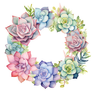 watercolor painting Succulent wreath on white background. Clipping path included.