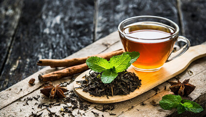 Tea composition with mint leaf on wooden palette - obrazy, fototapety, plakaty