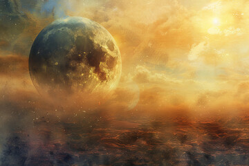 Majestic Alien World with Golden Hues and Cosmic Vistas Banner